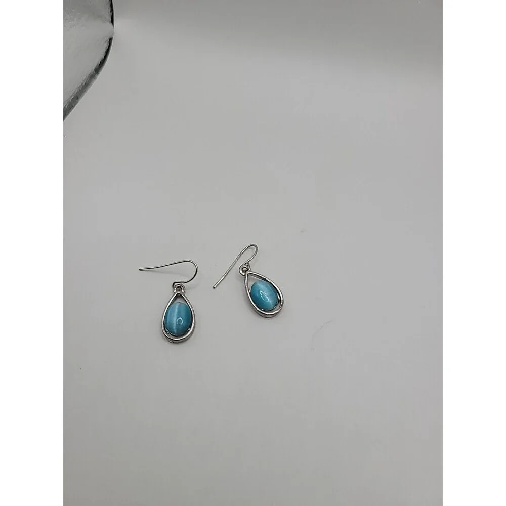 Blue Cats Eye Teardrop Dangle Earrings Silver Tone Glass Stone Minimalist Boho - Picture 8 of 9